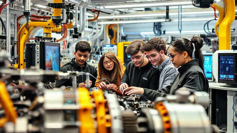 Taller futurista de ingeniería con estudiantes innovadores