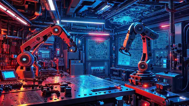 Taller futurista con robots y tecnología avanzada
