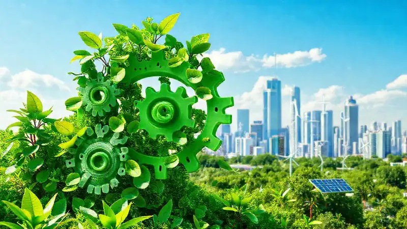 Engranajes verdes y naturaleza en ciudad futurista