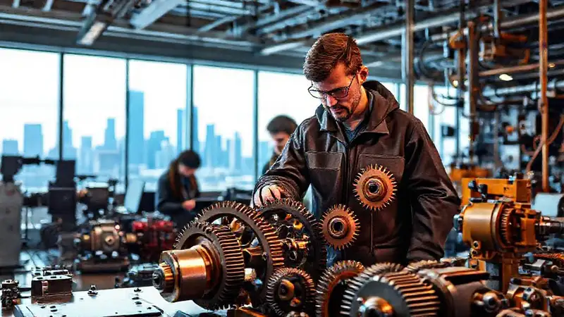 Ingeniero y estudiantes en laboratorio futurista innovador