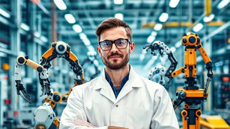 Ingeniero futurista con brazos robóticos y tecnología avanzada