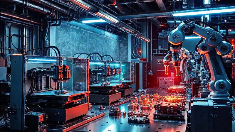 Taller futurista con impresión y robótica avanzada