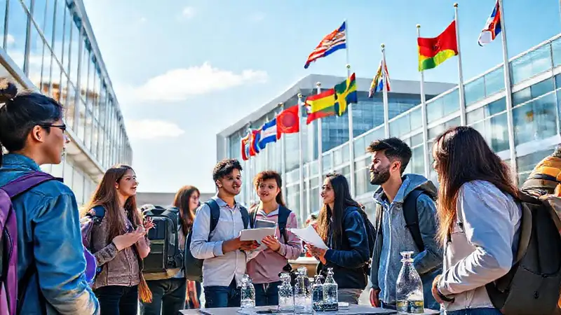 Estudiantes universitarios en campus internacional y moderno