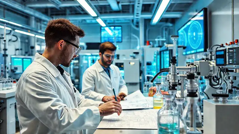 Ingenieros innovando en laboratorio industrial futurista