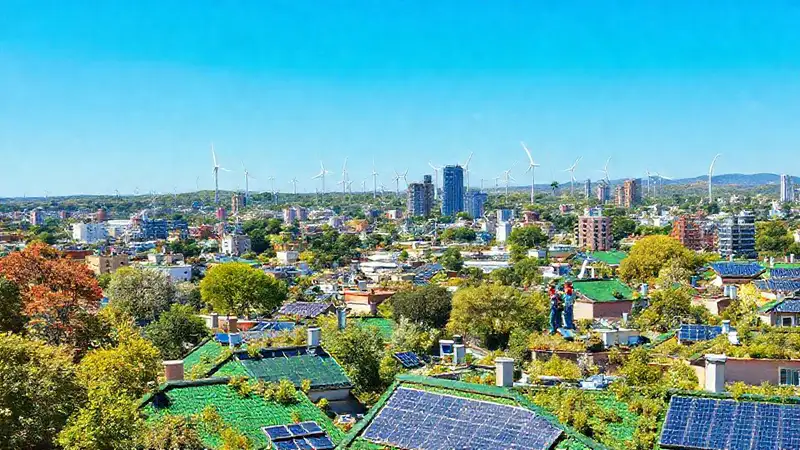 Ciudad ecológica con tecnología y naturaleza armoniosa