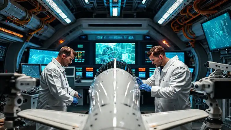 Ingenieros aeroespaciales inspeccionan/mejoran aeronaves futuristas