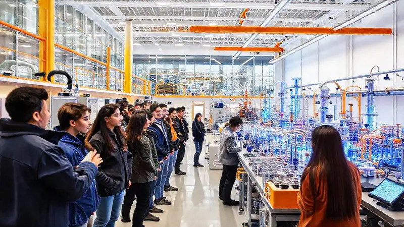 Campus universitario innovador con laboratorio y estudiantes