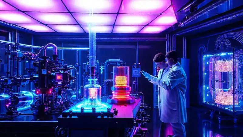 Laboratorio futurista con tecnología avanzada y resplandores