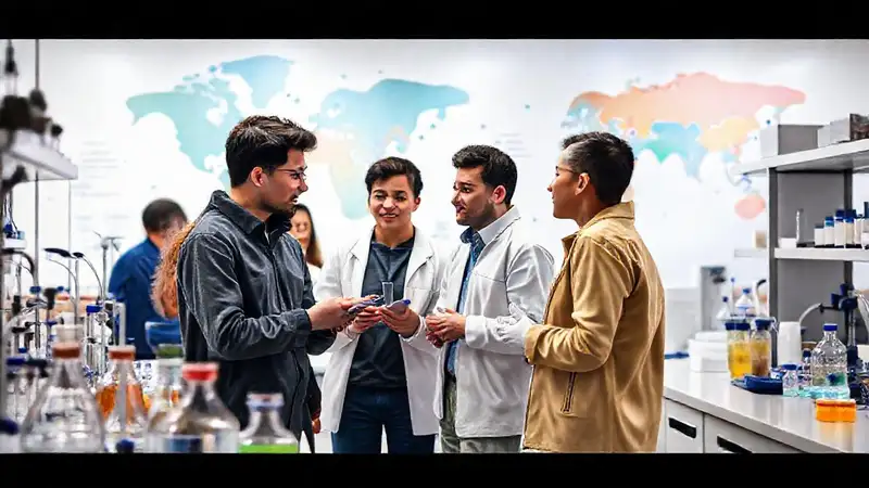 Estudiantes internacionales en laboratorio moderno colaborando