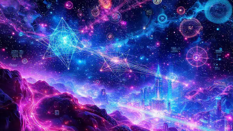 Paisaje cósmico abstracto con símbolos tecnológicos