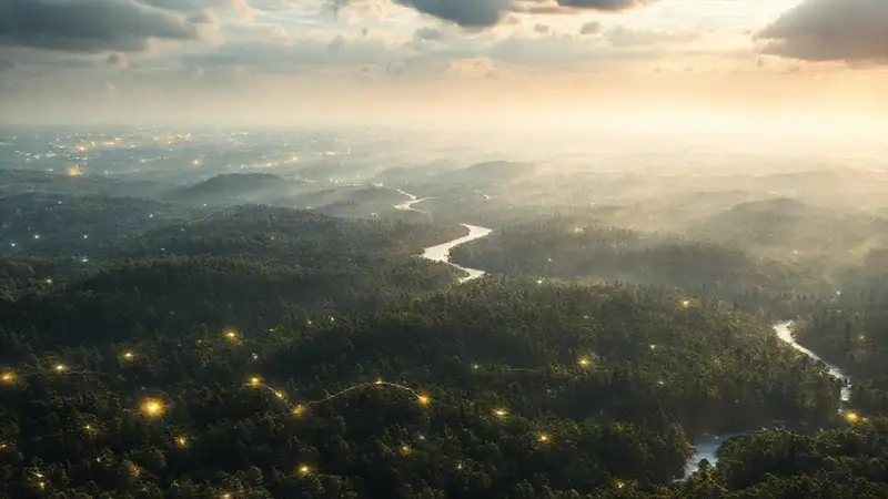 Paisaje natural con tecnología y luces suaves