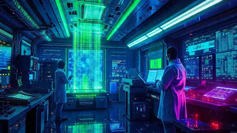 Laboratorio futurista con energía y tecnología avanzada