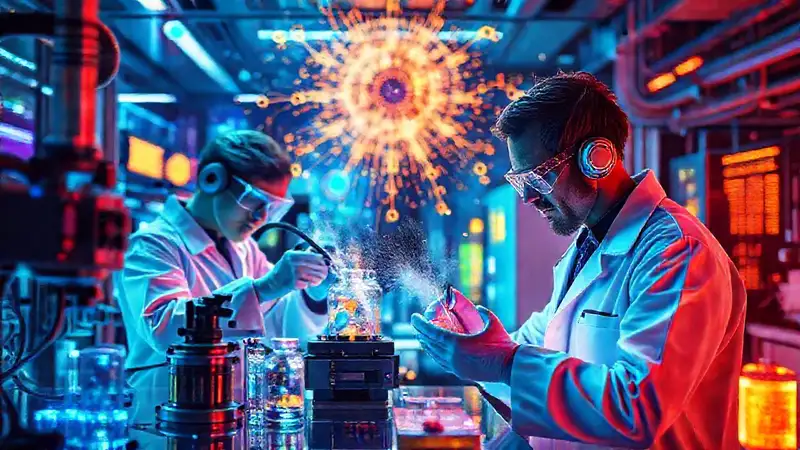 Laboratorio futurista con científicos y nanotecnología