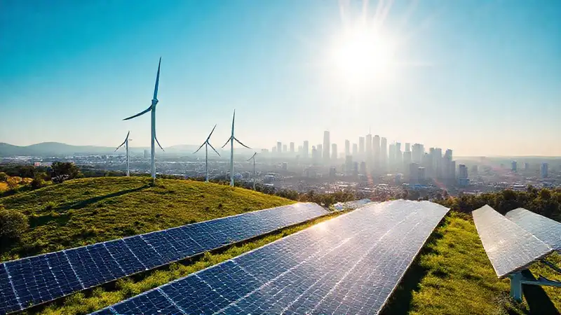 Energía renovable y ciudad moderna brillante