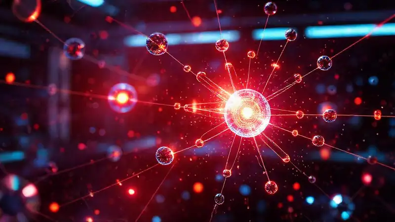 Partículas cuánticas y energía en laboratorio futurista