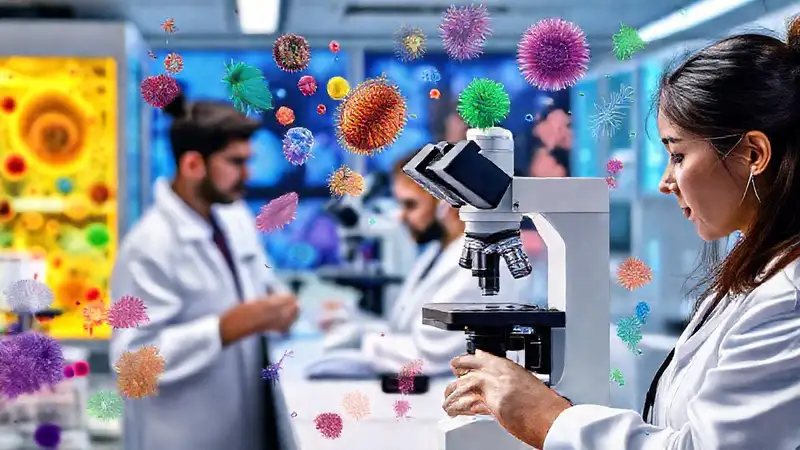 Microscopio de laboratorio con bacterias coloridas y científicos