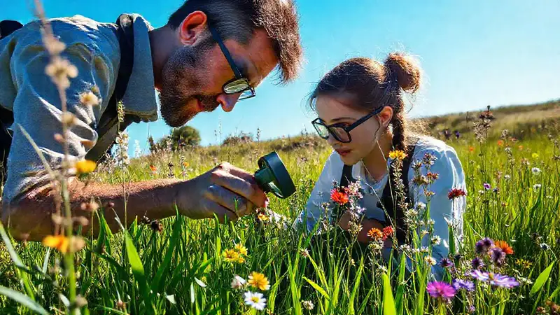 Biólogo observa plantas y vida silvestre