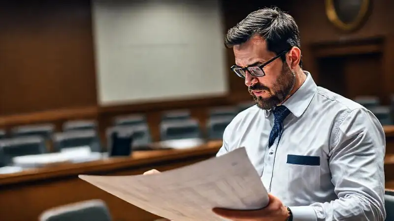 Ingeniero civil revisando documentos legales en oficina