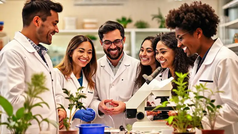 Científicos colaborando en un laboratorio vibrante