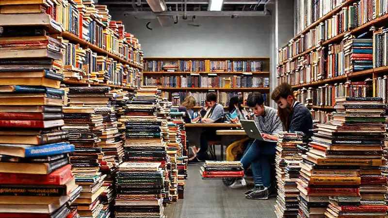 Biblioteca vibrante con libros y estudiantes