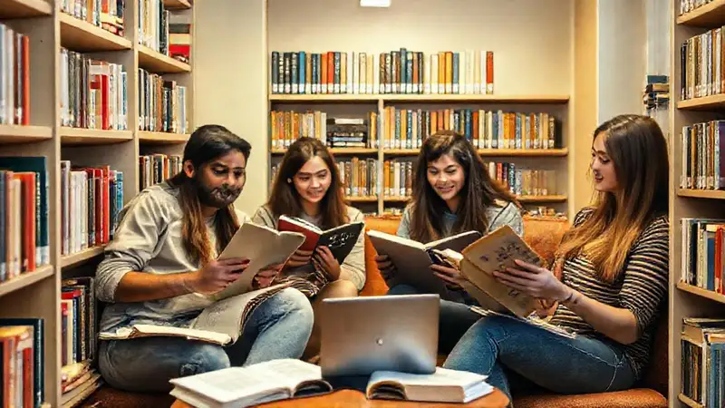 Estudiantes estudian en biblioteca acogedora y variada