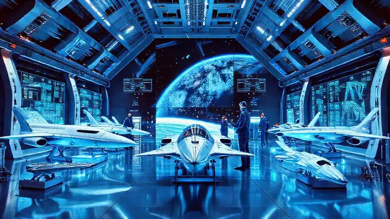Laboratorio futurista con ingenieros y naves avanzadas