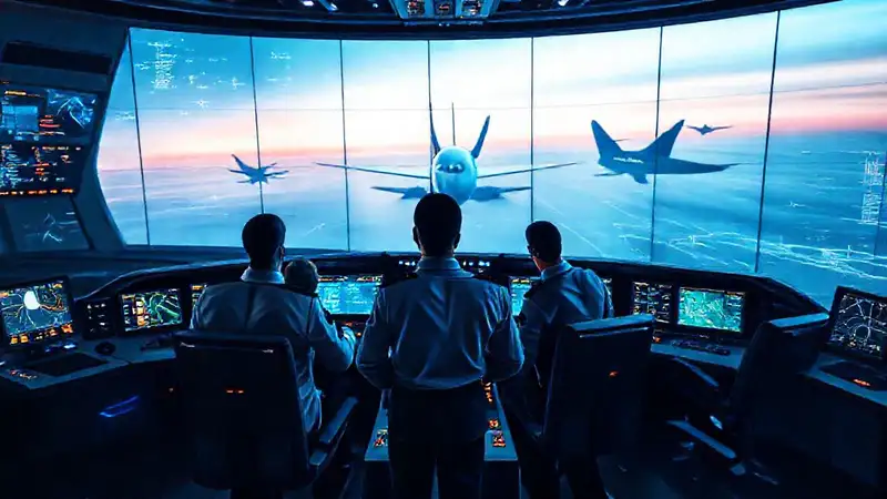 Líder de aviación en sala futurista avanzada