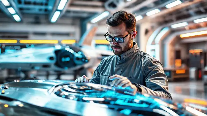 Ingeniero futurista revisa diseños de naves innovadoras