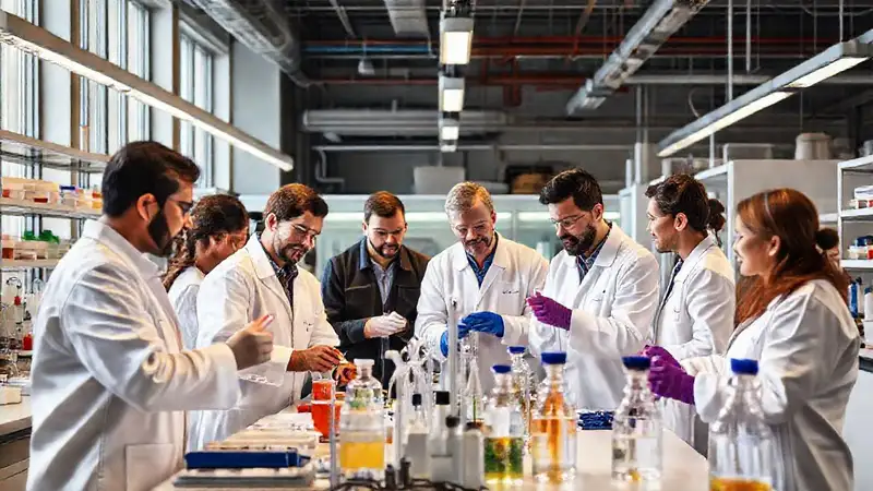 Ingenieros colaboran en laboratorio químico diverso y organizado