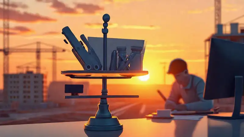 Balanza, herramientas, estudiante, construcción, atardecer, concentración