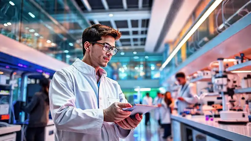 Estudiante de ingeniería biomédica en laboratorio avanzado