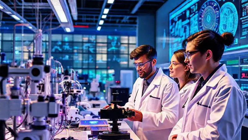 Laboratorio innovador con investigadores y tecnología avanzada
