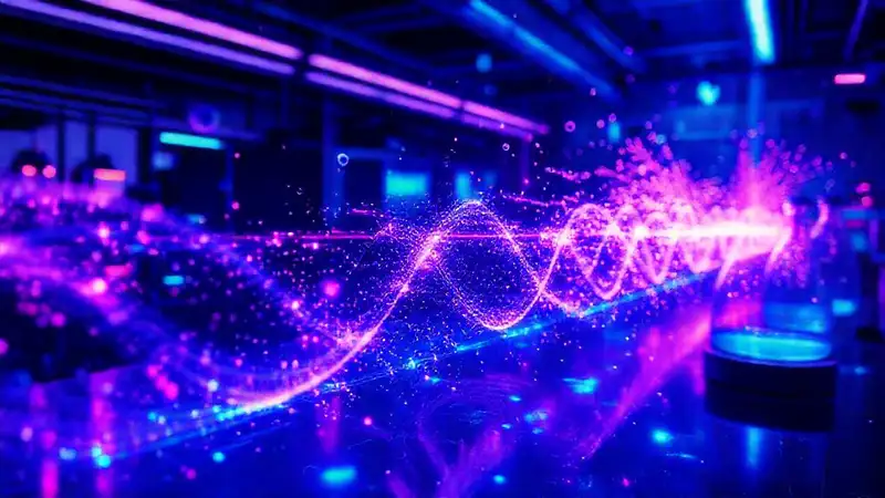 Partículas subatómicas y ondas en laboratorio futurista