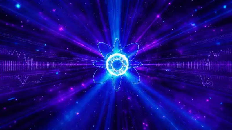 Radiante núcleo atómico con luz azul y púrpura