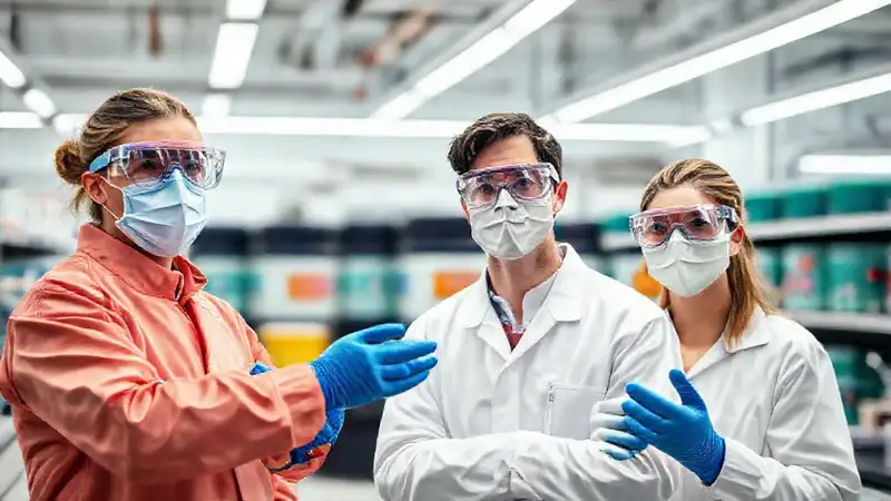 Laboratorio industrial con científicos y protección