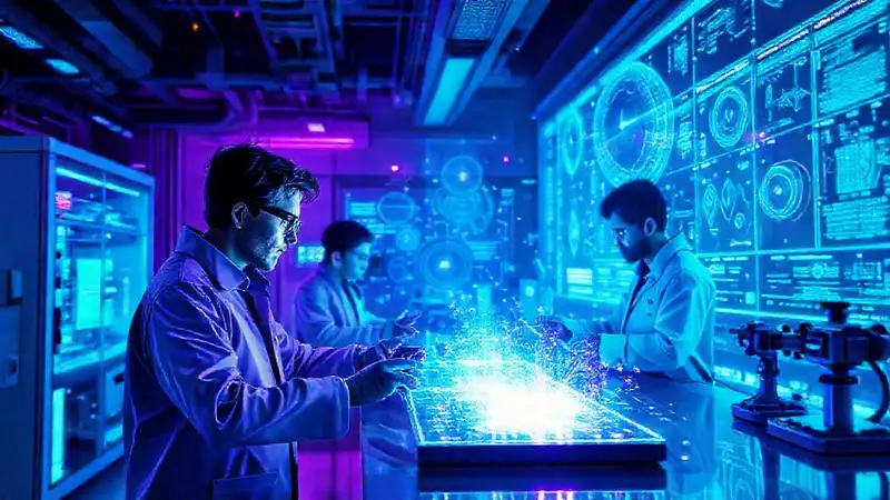 Laboratorio futurista con hologramas y tecnología avanzada