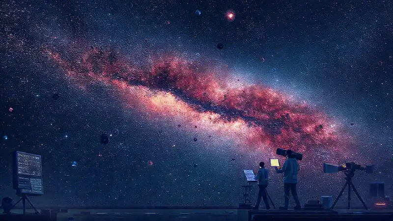 Ilustración futurista de la galaxia y partículas