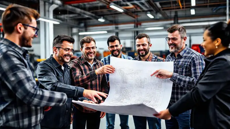 Ingenieros colaborando en taller con planos y herramientas