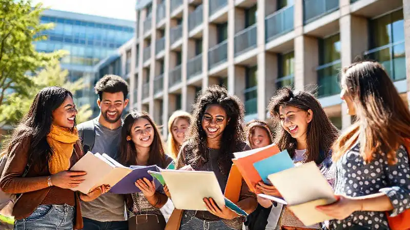 Estudiantes felices en campus moderno y dinámico