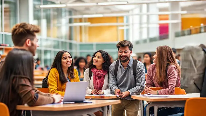 Campus universitario con estudiantes y recursos modernos