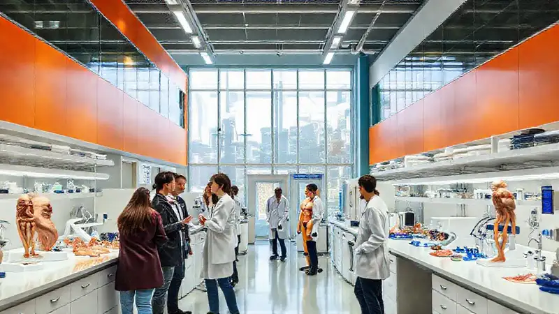 Universidad moderna con laboratorio y estudiantes colaborando