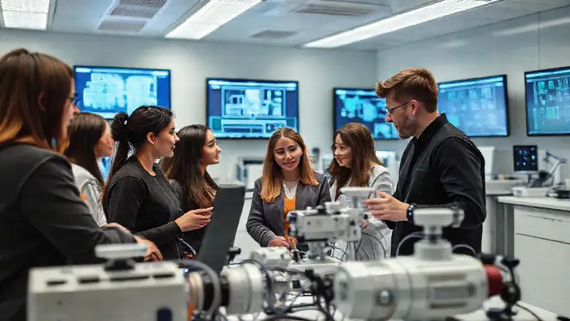 Aula moderna con estudiantes y tecnología avanzada