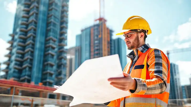 Estudiante de ingeniería civil revisando planos en obra