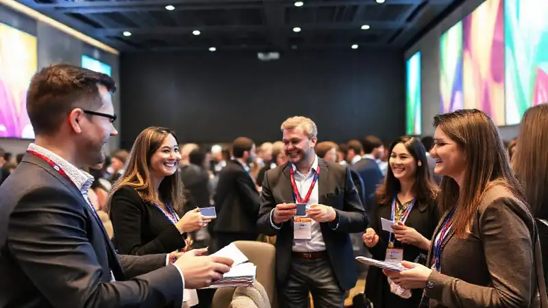 Personas intercambiando tarjetas en congreso profesional