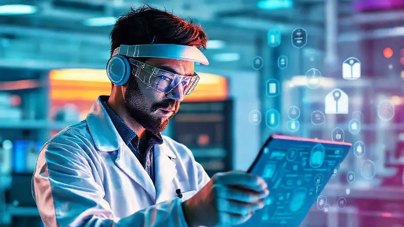 Ingeniero biomédico estudia con interfaz futurista