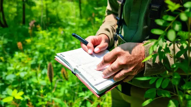 Biólogo registra datos en bosque con herramientas