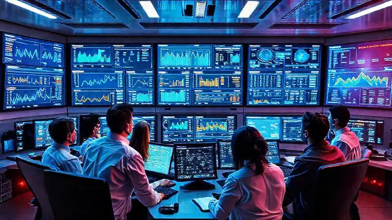 Equipo técnico monitorea paneles digitales modernos