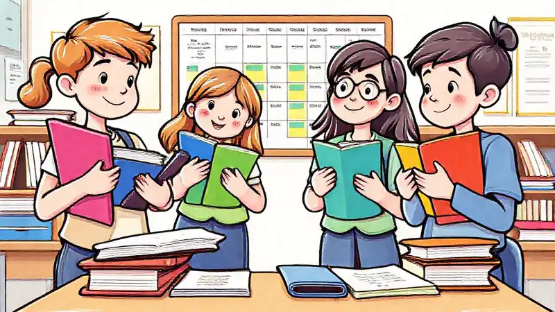 Estudiantes organizados con libros y planificaciones escolares