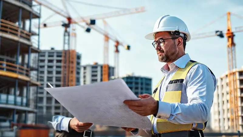 Ingeniero civil revisando planos en obra