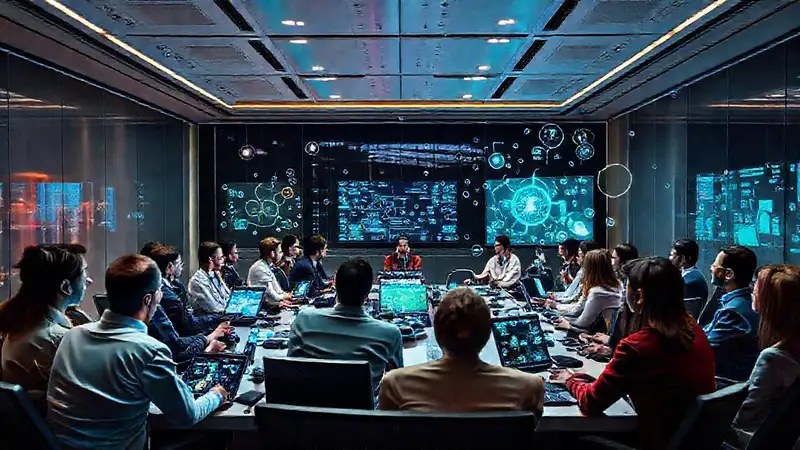Reunión innovadora con tecnología y profesionales diversos